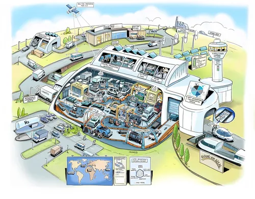 Cutaway view of an airport control tower with radar, staff, and operations equipment.