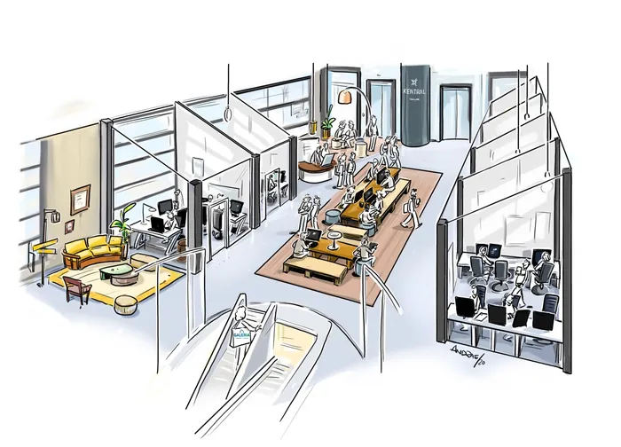 Modern office layout with desks, meeting table, and workstations