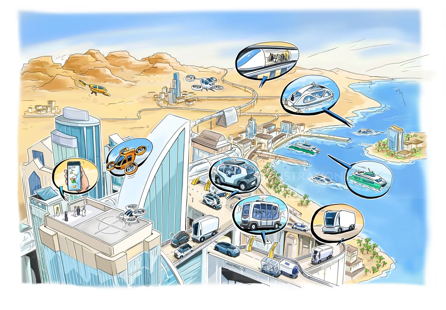 Futuristic city with flying vehicles, robots, and high-tech buildings by the sea