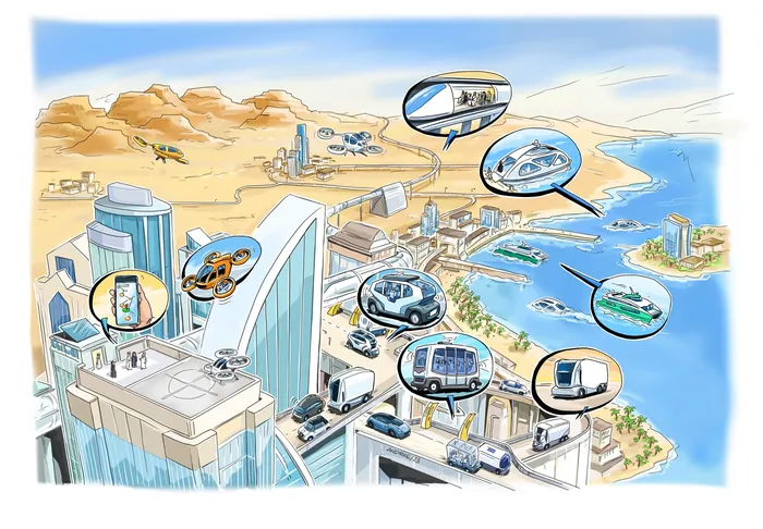 Futuristic city with flying vehicles, robots, and high-tech buildings by the sea