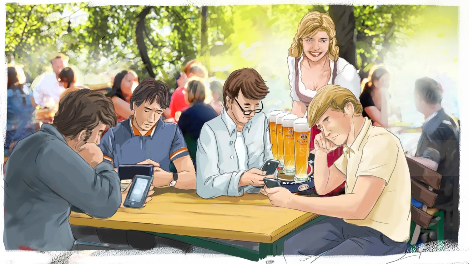 Young adults sitting at picnic table, focused on their smartphones outdoors