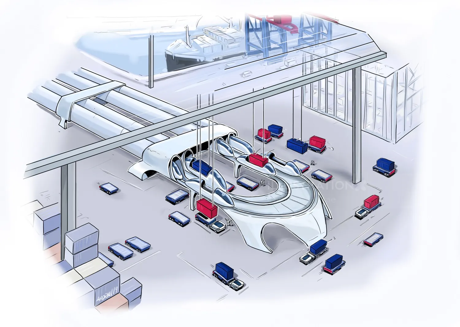 Chaîne de montage d'usine construisant des véhicules de haute technologie avec des bras et des équipements robotisés.