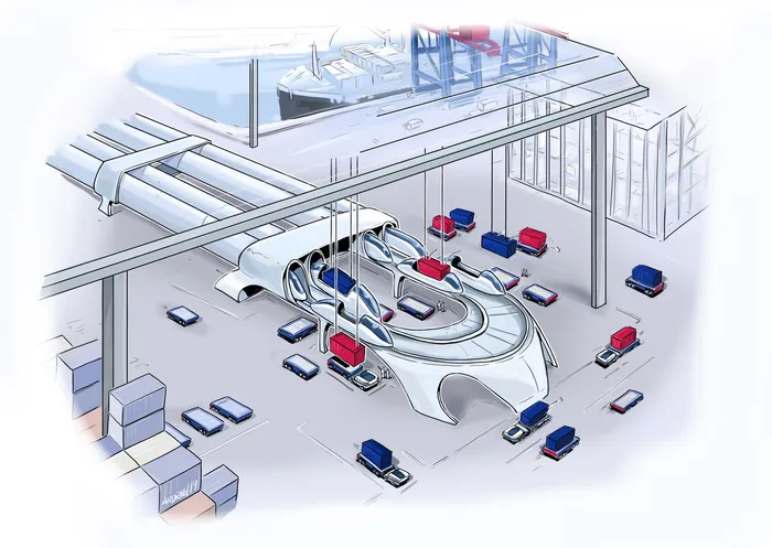 Factory assembly line constructing high-tech vehicles with robotic arms and equipment.