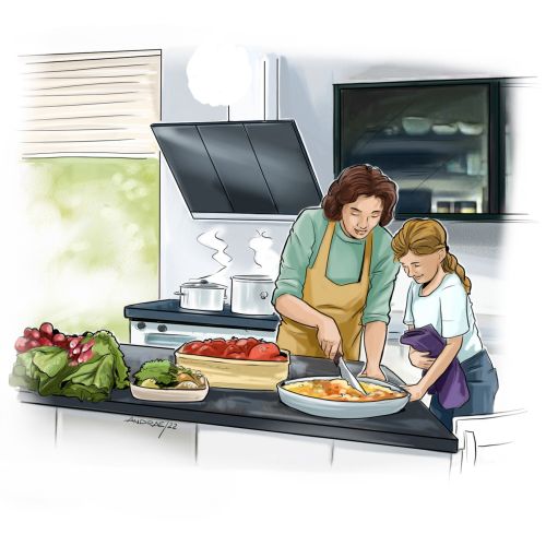 Woman and girl preparing food together in kitchen