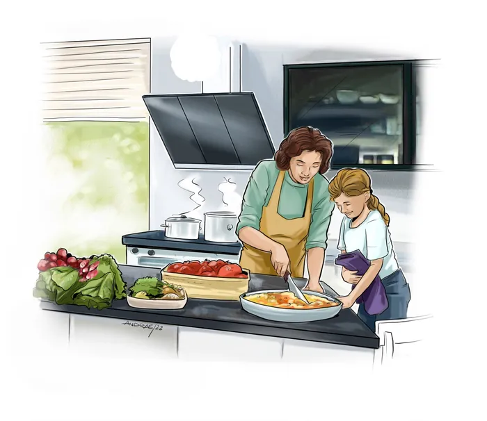 Woman and girl preparing food together in kitchen