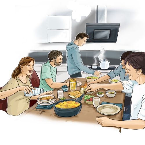 Friends eating and cooking together around a kitchen table