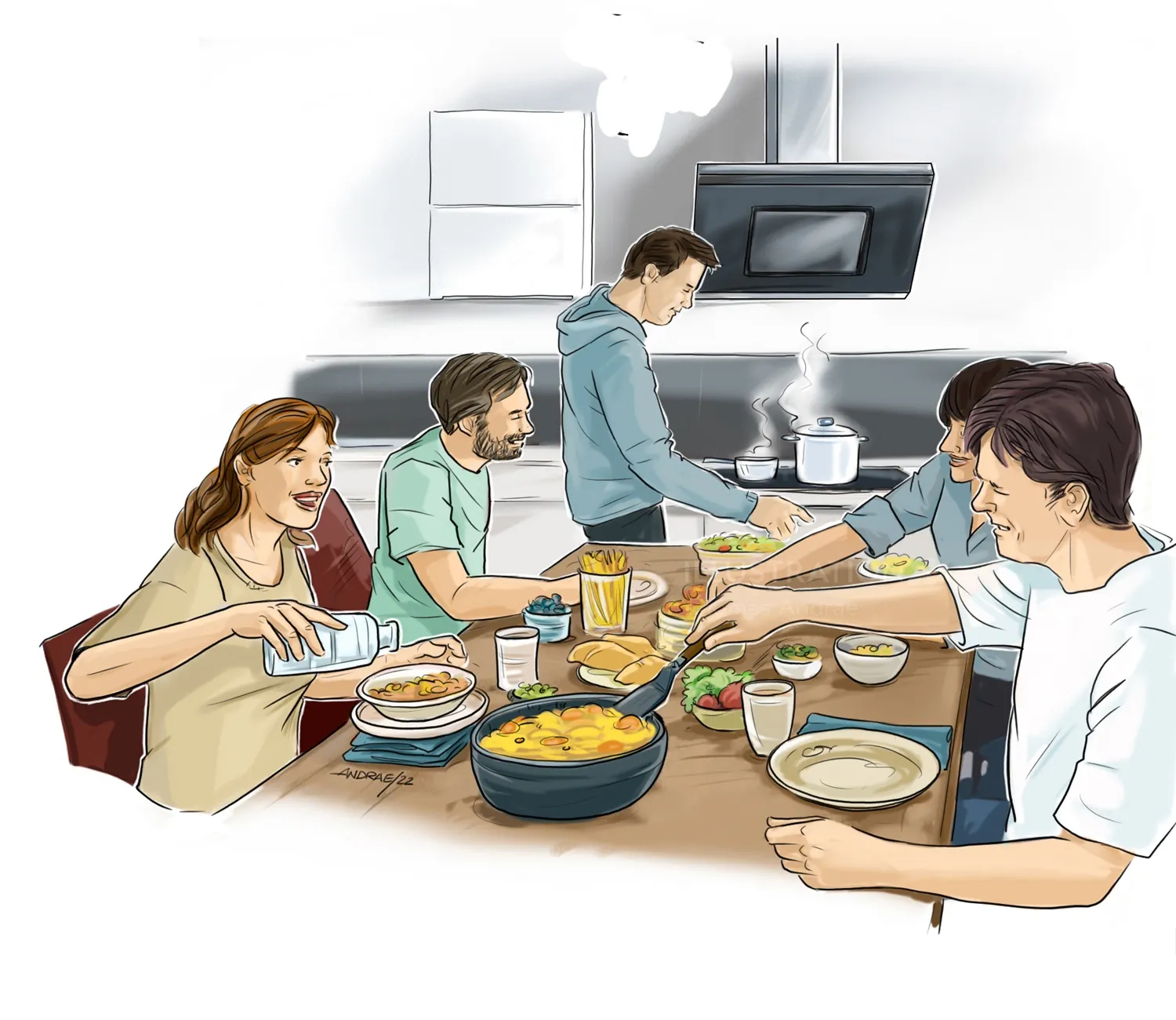 Freunde essen und kochen gemeinsam am Küchentisch