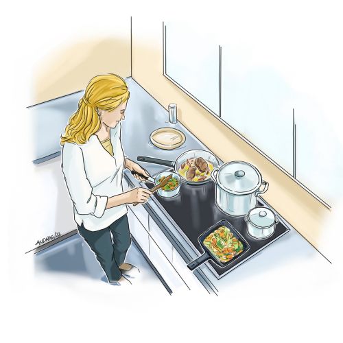 Woman preparing and serving food in kitchen near stove