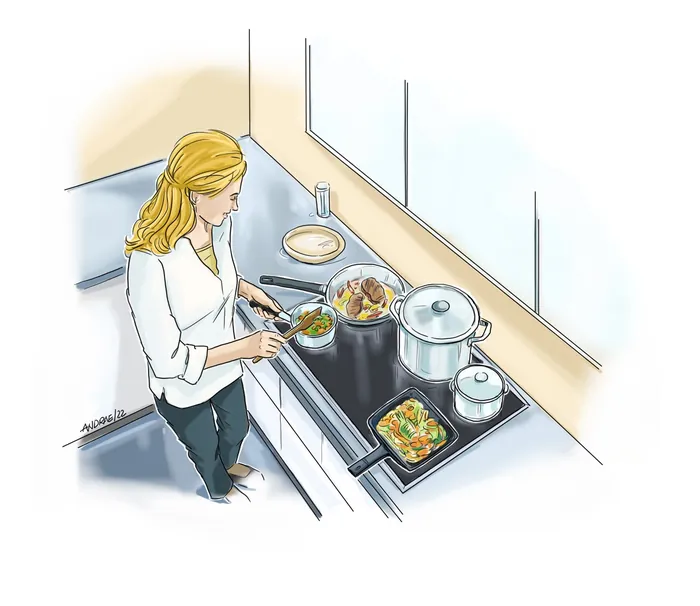 Woman preparing and serving food in kitchen near stove