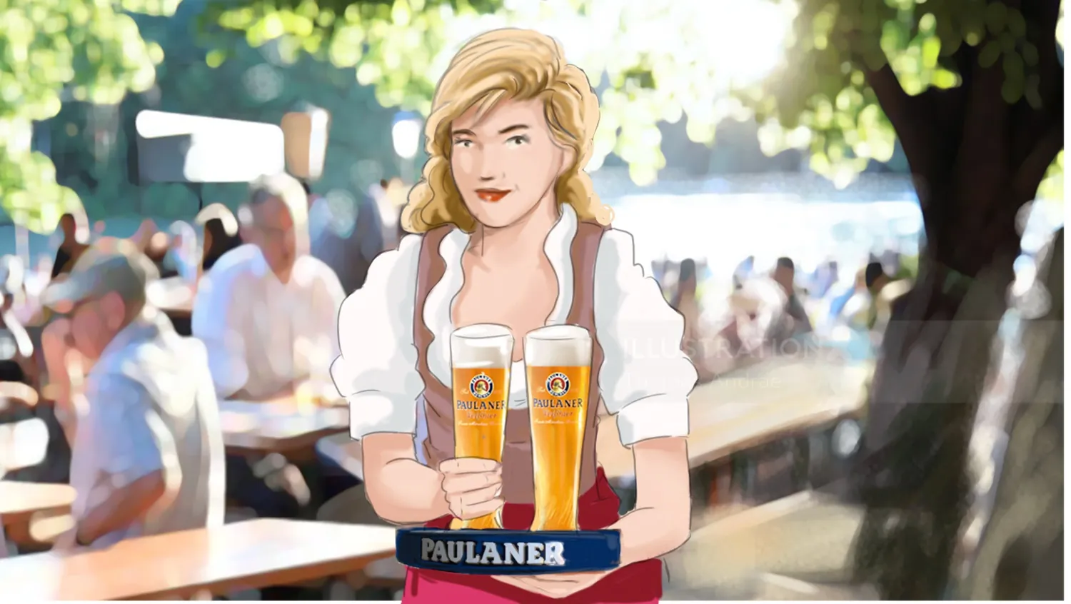 Woman wearing traditional dress holding two Paulaner beers outdoors