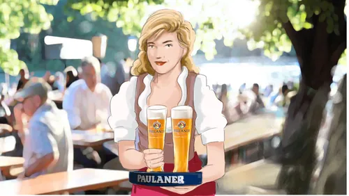 Woman wearing traditional dress holding two Paulaner beers outdoors