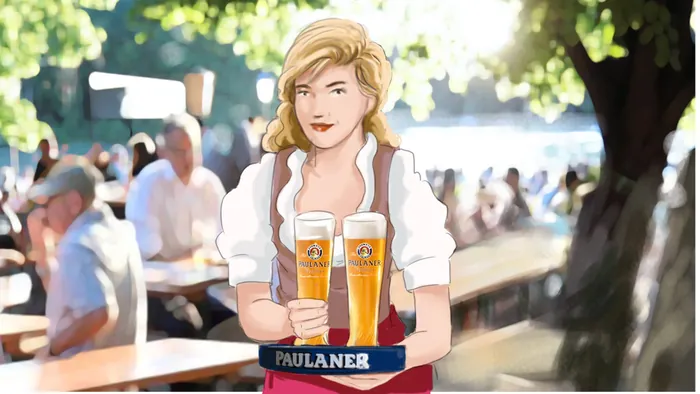 Woman wearing traditional dress holding two Paulaner beers outdoors