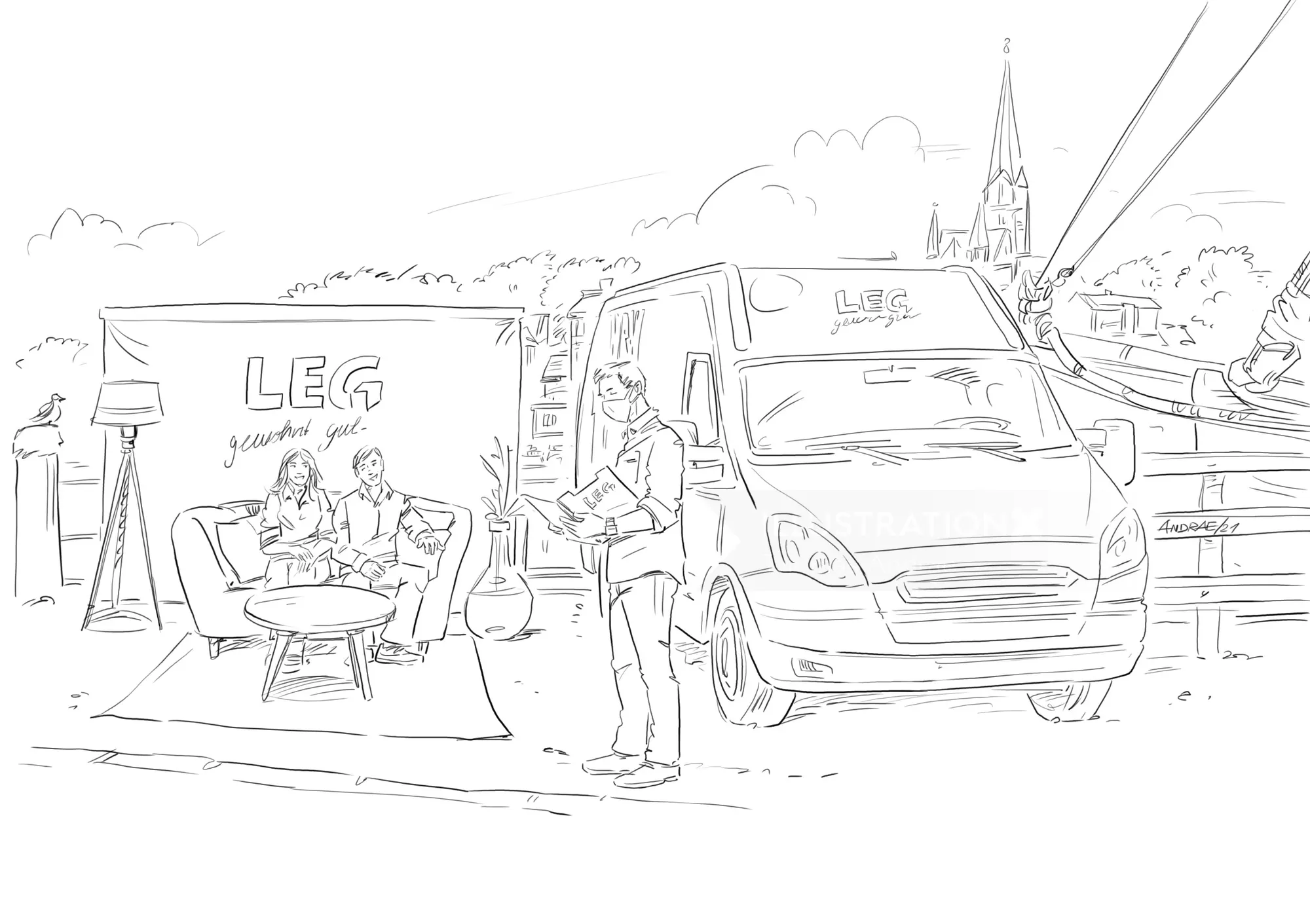 Line drawing of a van, people sitting at a café, and a church in background