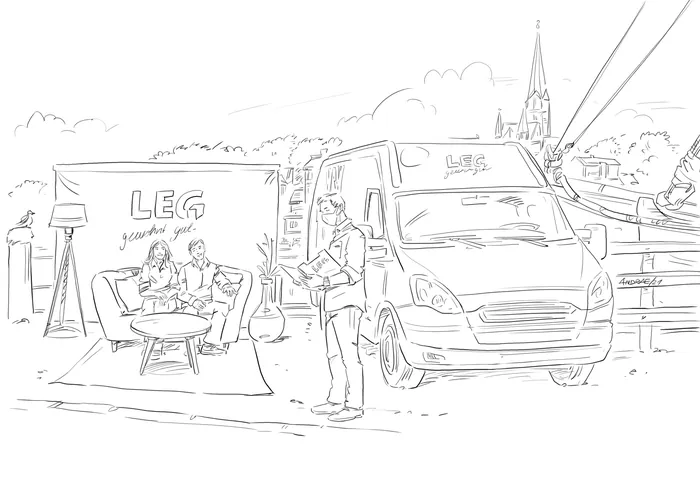 Line drawing of a van, people sitting at a café, and a church in background