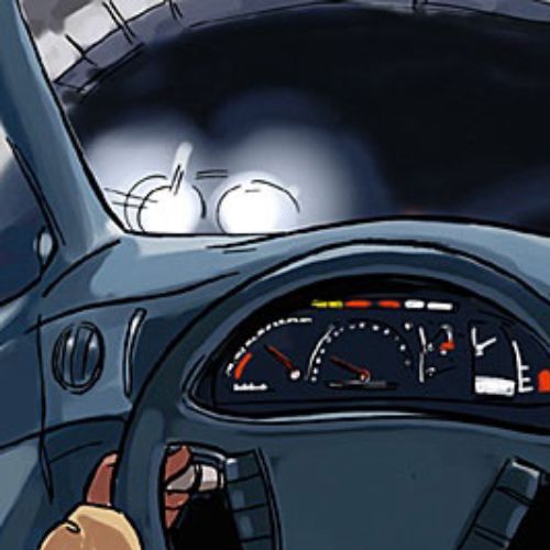 inside car with speedometer, white lights on the dark sky