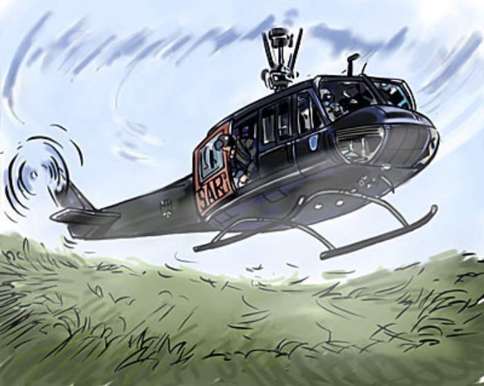 Helicopter landing on the grass, Green hill
