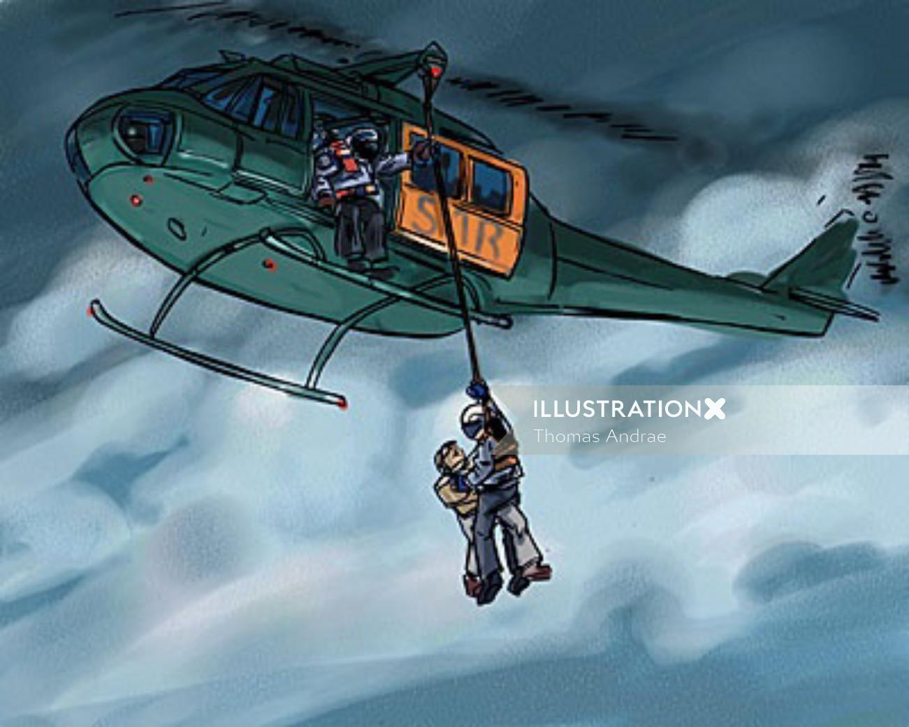 空を飛んでいるヘリコプター、ロープの助けを借りてヘリコプターから降りる男