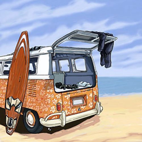 van in the beach, surf board leaning on the vehichle, sand beach