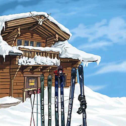 wooden house in the snow, ski equipment outside, blue sky