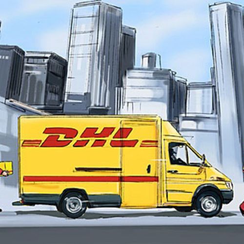 DHL van with yellow color on the road, buildings in the background