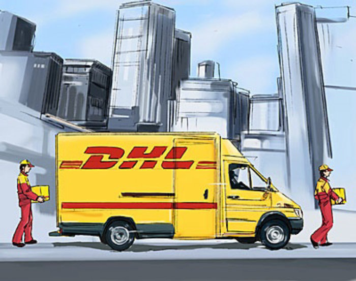 DHL van with yellow color on the road, buildings in the background
