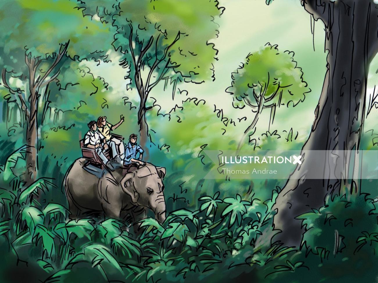 森の中の象、動物のいるジャングル、緑の木々、青い空を旅する人々