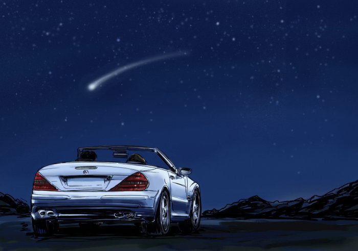 Driving a car in the night, star falling from sky, ray of light on the blue background