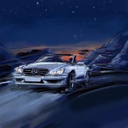 Car travelling at high speed in the night, white vehichle with headlights on, starry sky