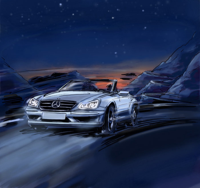 Voiture voyageant à grande vitesse dans la nuit, véhicule blanc avec phares allumés, ciel étoilé