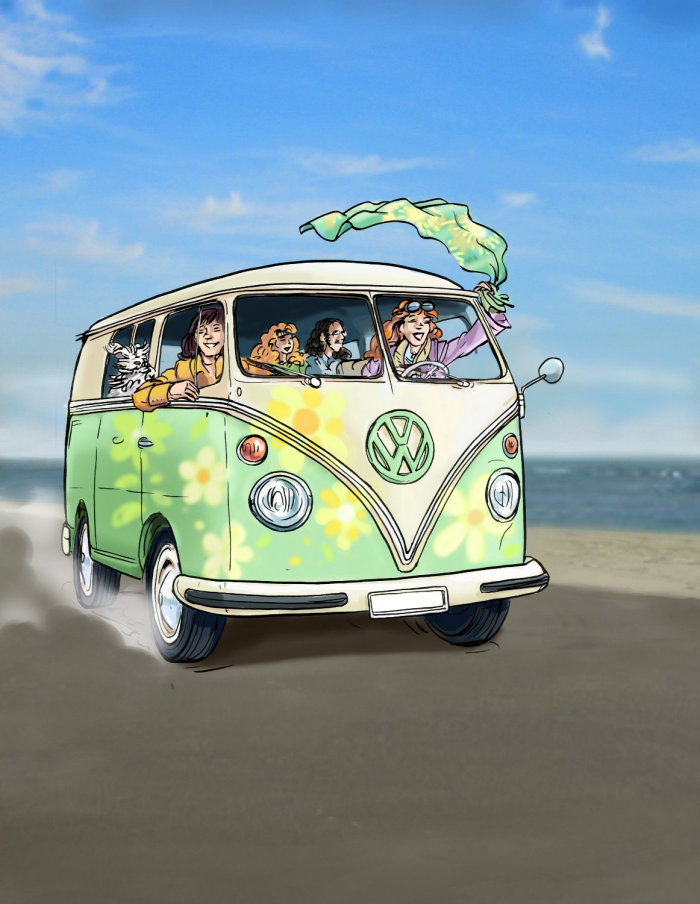 Volkswagen van, people in the vehichle waving cloth, empty road with sea background