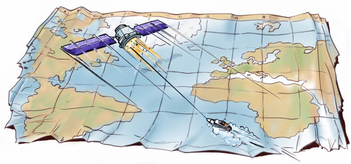 Carte avec marquage de l&#39;eau et du sol, voyage en bateau rapide, satellite en haut