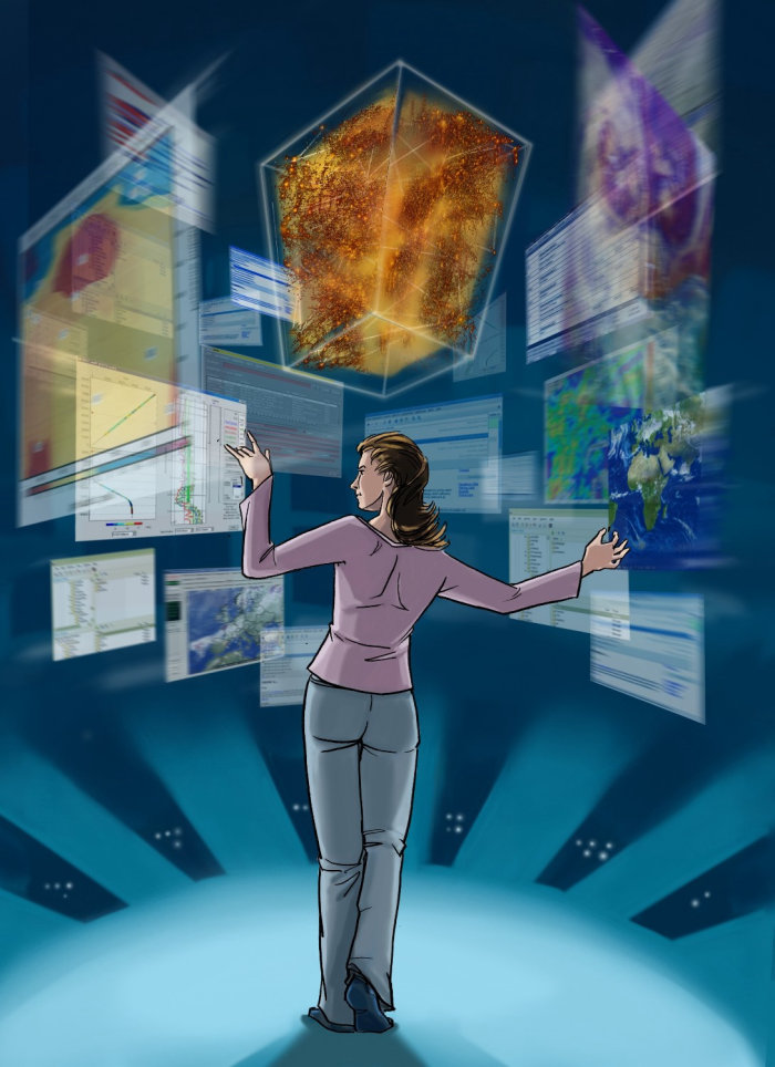 Thomas Andrae- comic illustration, women standing with all the internet applications open, 