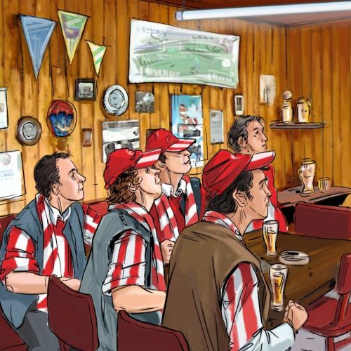 people with striped shirts and red caps sitting in a room, wooden wall in the background