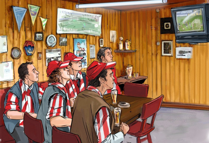 people with striped shirts and red caps sitting in a room, wooden wall in the background