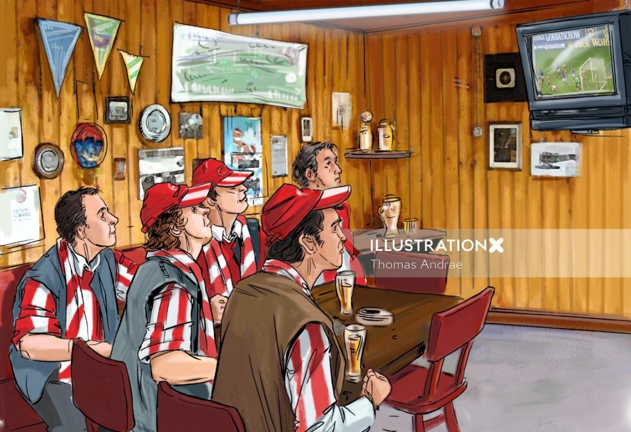 部屋に座っている縞模様のシャツと赤い帽子、背景に木製の壁を持つ人々