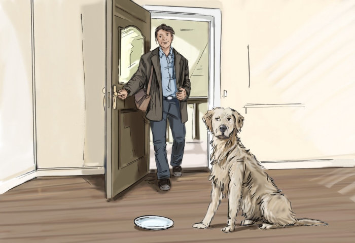 Man coming inside the room with door open, dog sitting with plate in front of it
