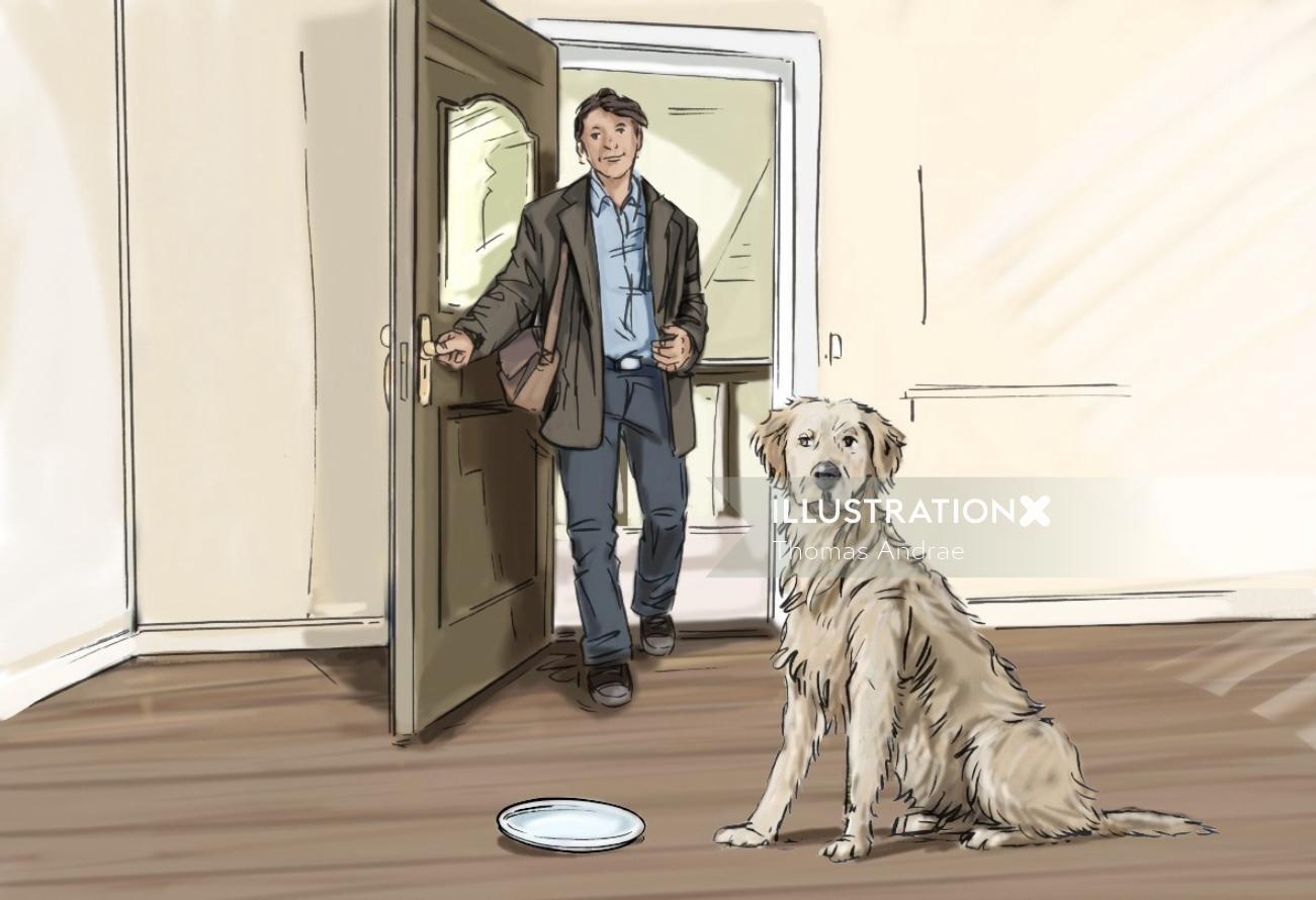 ドアを開けたまま部屋に入ってきた男、前に皿を置いて座っている犬