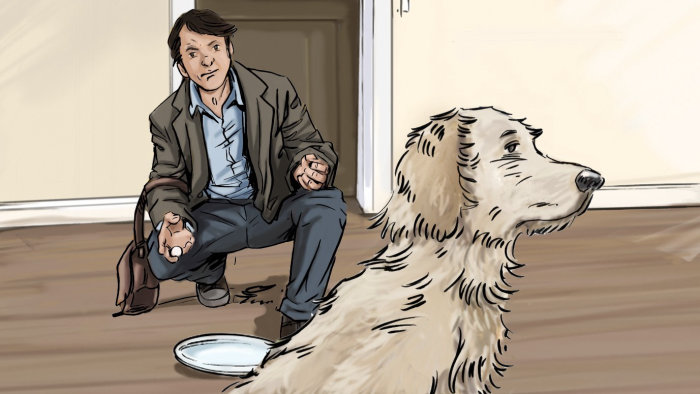 Man sitting in front of do, Dog turning back at the owner, Food in the plate