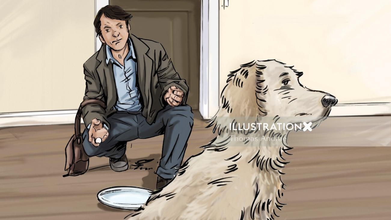 doの前に座っている男、飼い主に背を向ける犬、皿の中の食べ物