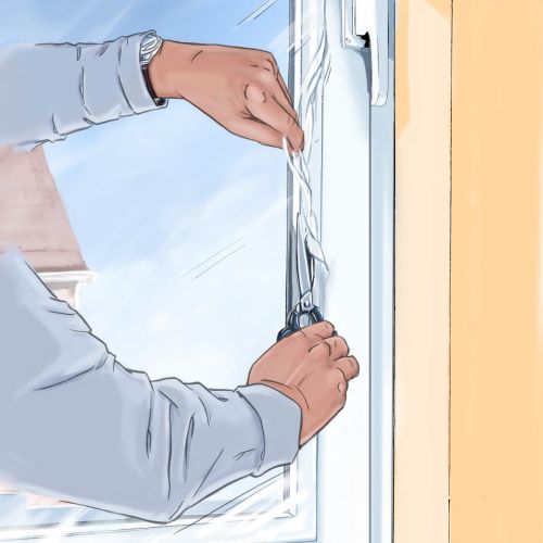 Sealing a window with cover, yellow wall, hands on the glass