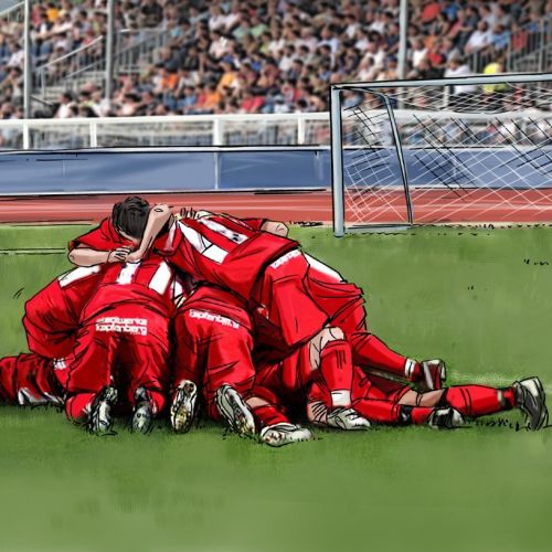 Rugby match, players with red dress sitting on the ground, green grass on the field