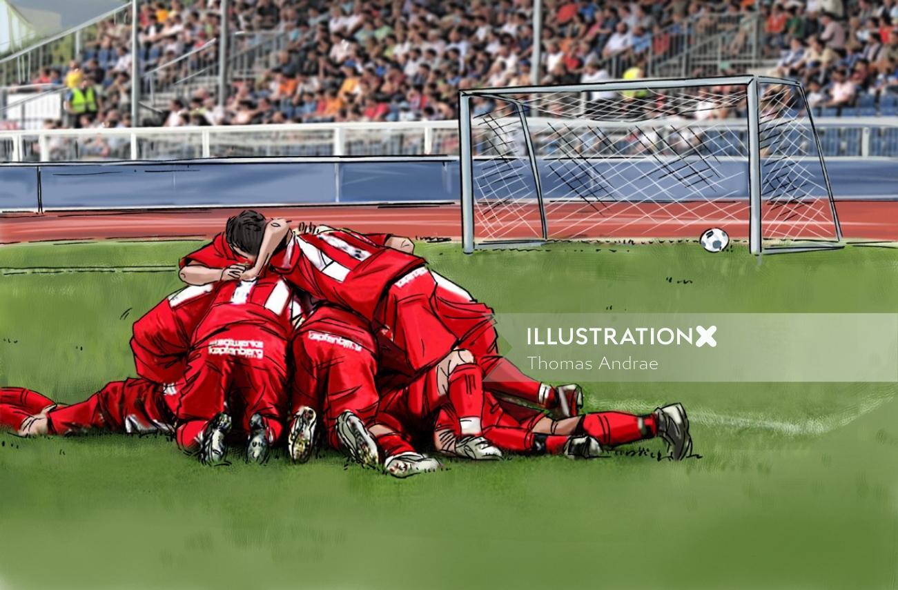 ラグビーの試合、地面に座っている赤いドレスを着た選手、フィールドに緑の草