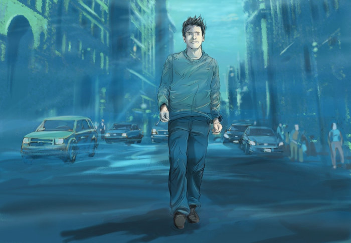 Homme marchant seul dans la nuit, garçon avec un jean et un t-shirt sur la route, des voitures en mouvement