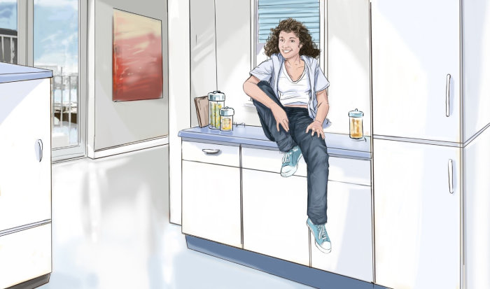 Girl sitting on the table in the kitchen, scenery on the wall, grocessery in the room,