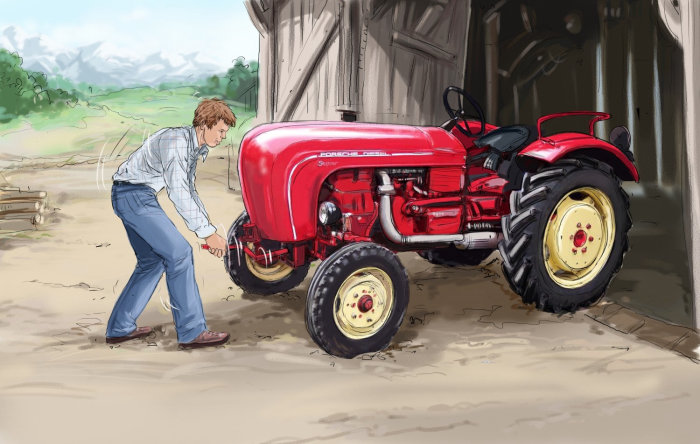 Homme devant un tracteur rouge, grandes et petites roues au tracktor,