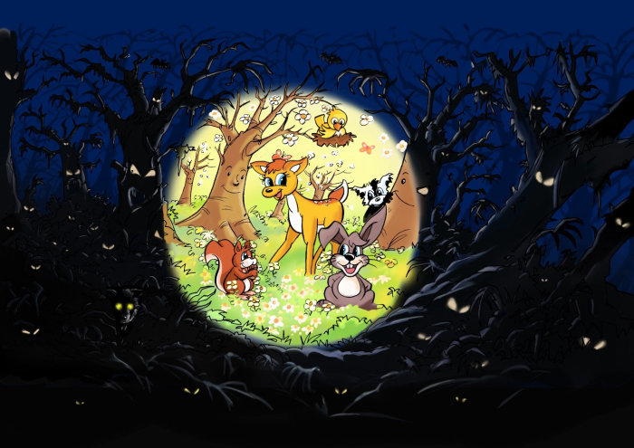 Jungle in the dark, Animals under the tree, Bright circle highlighting in the image