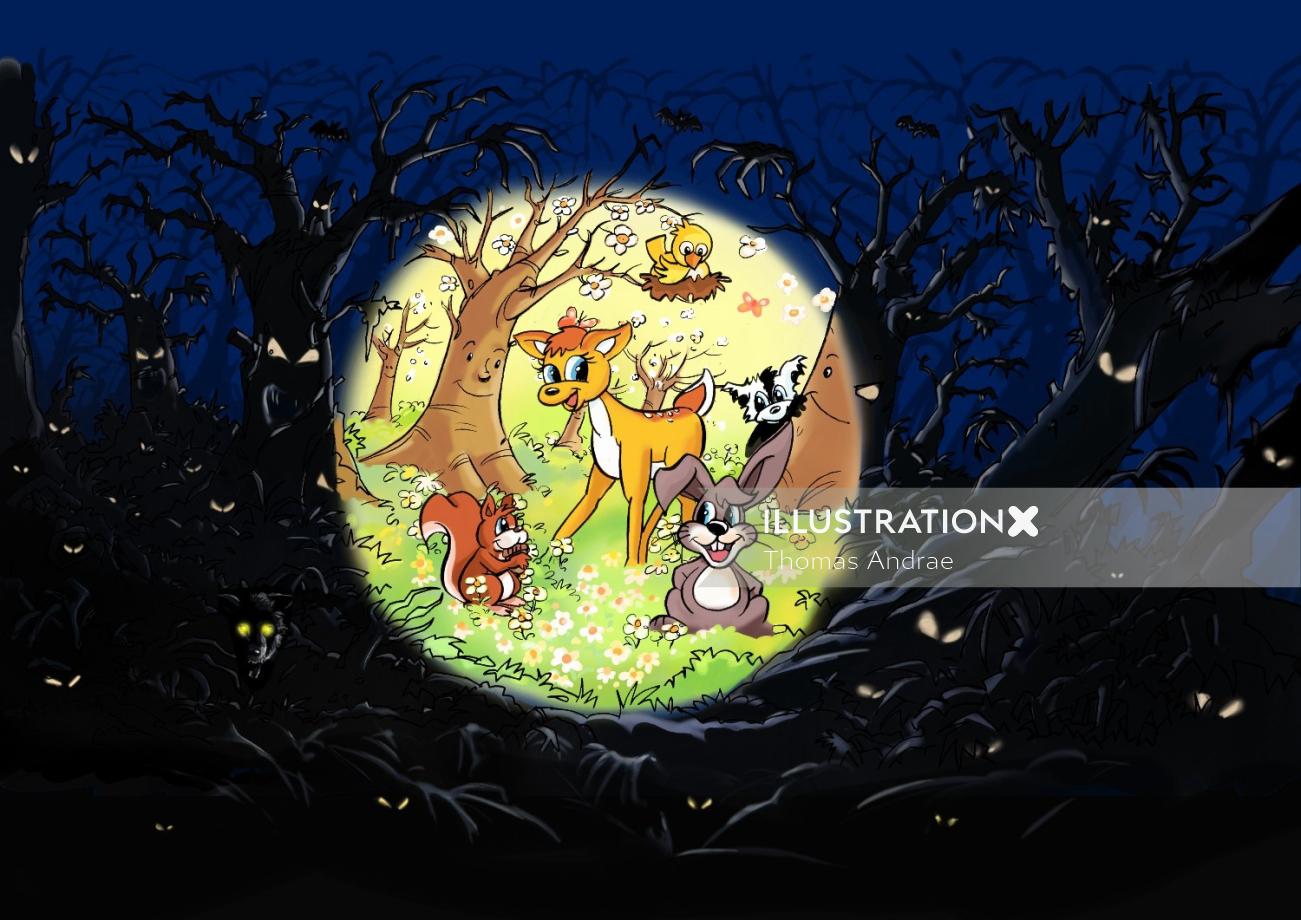 暗闇の中でジャングル、木の下の動物、画像で強調表示されている明るい円