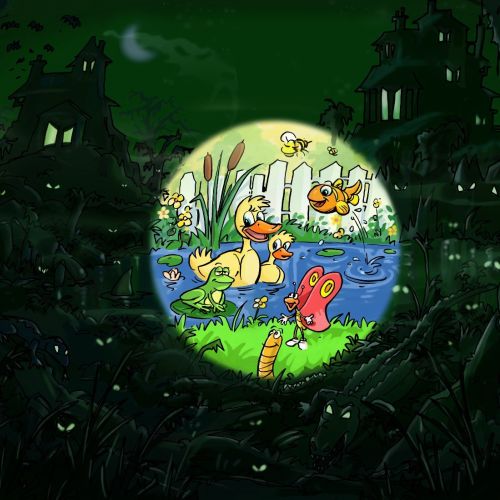 jungle in the dark, ducks in the pond, bright circle highlighting the birds in the image