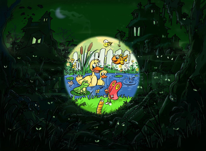 jungle in the dark, ducks in the pond, bright circle highlighting the birds in the image