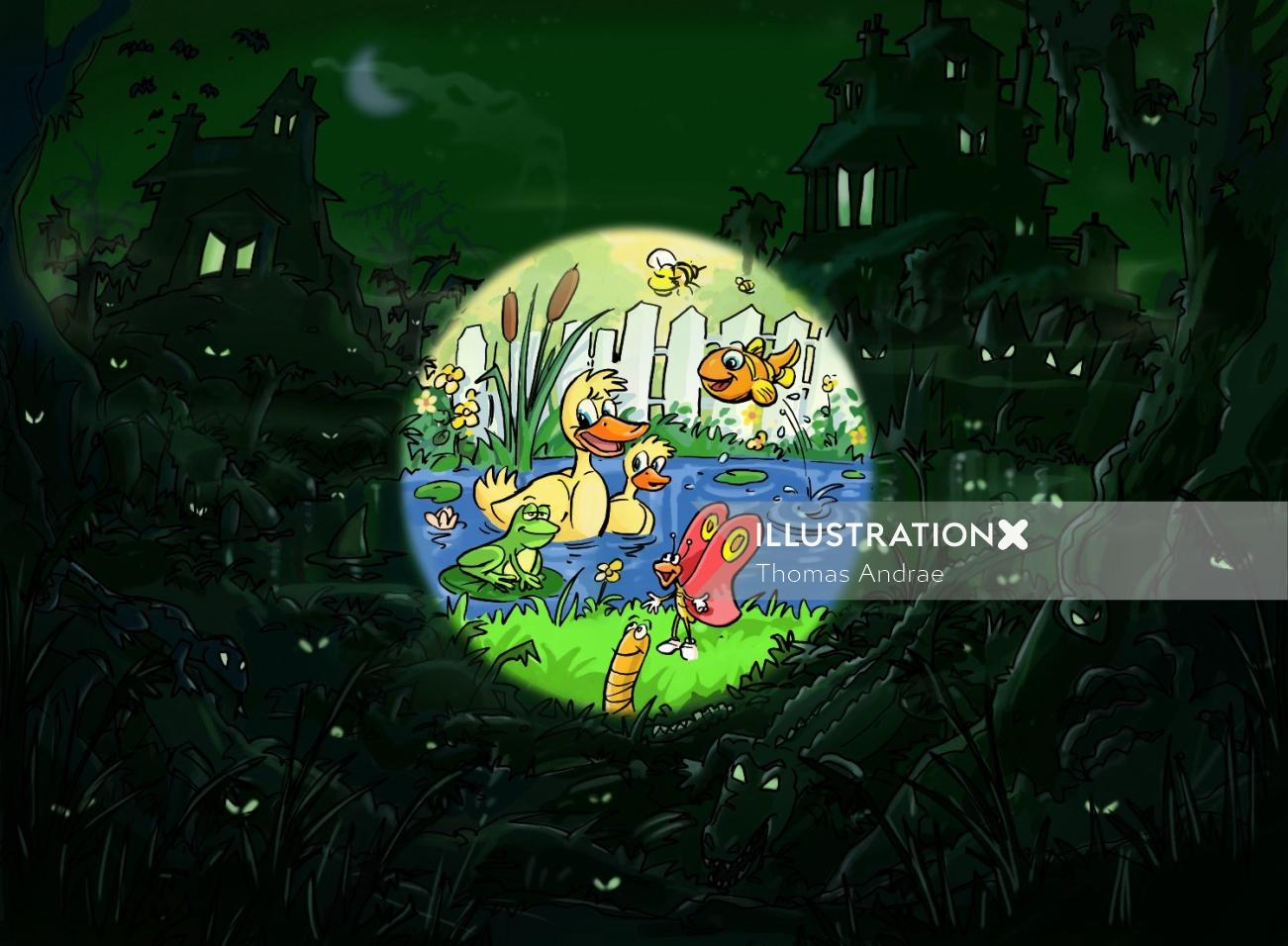 暗闇の中でのジャングル、池のアヒル、画像内の鳥を強調する明るい円